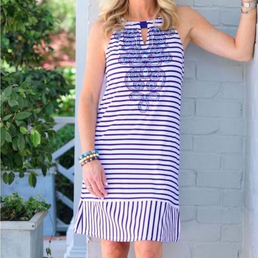 Cabana Life Nautical Blooms Stripe Geo Front Keyhole Sleeveless Shift Dress